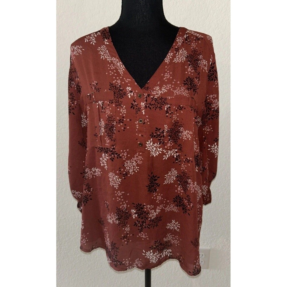 Maurices Womens XL Rust Floral Peasant Blouse Boho Long Sleeve Henley V-Neck Top
